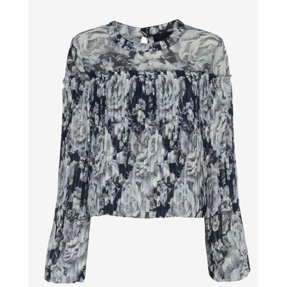 INTERMIX Charlotte Pleated Floral 100%‎ Silk Blouse Size S Top Navy Bell Sleeve - Picture 2 of 8